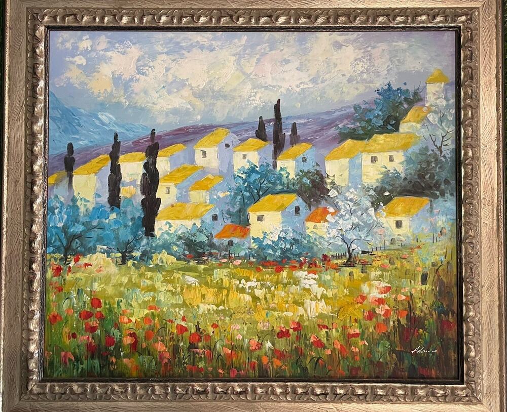 Original Heavy Impasto Oil Painting Framed Tuscan Village Textured Poppy Field